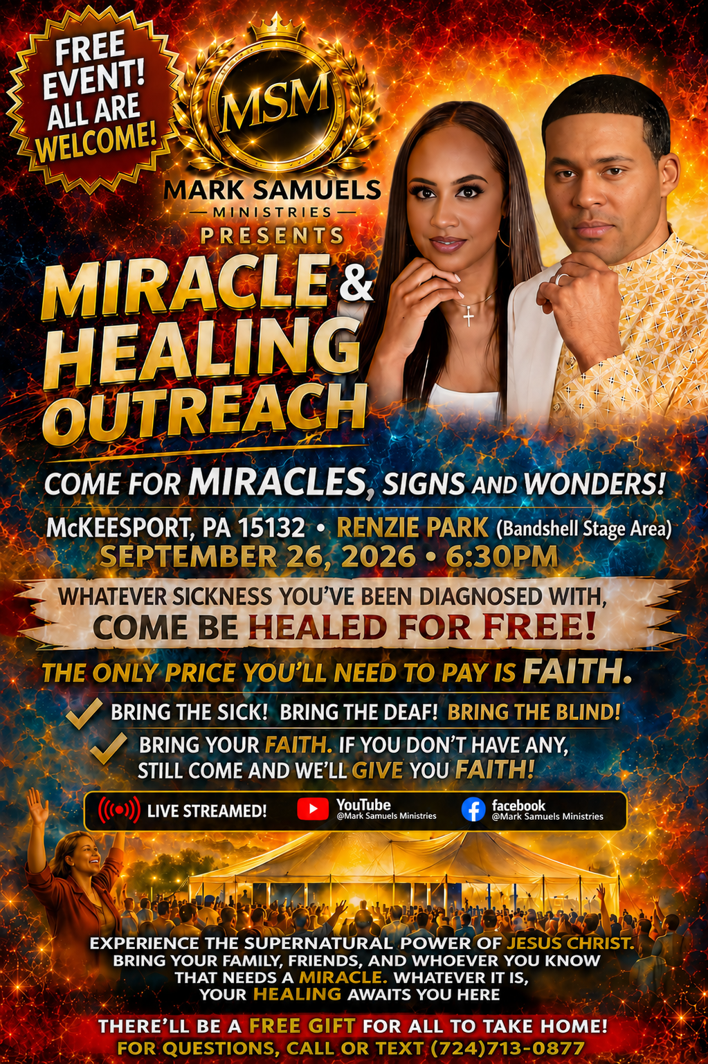 Mark Samuels Ministries Miracle and Healing Outreach at Renzie Park, McKeesport, PA, September 26, 2026, 6:30 PM. Past event.